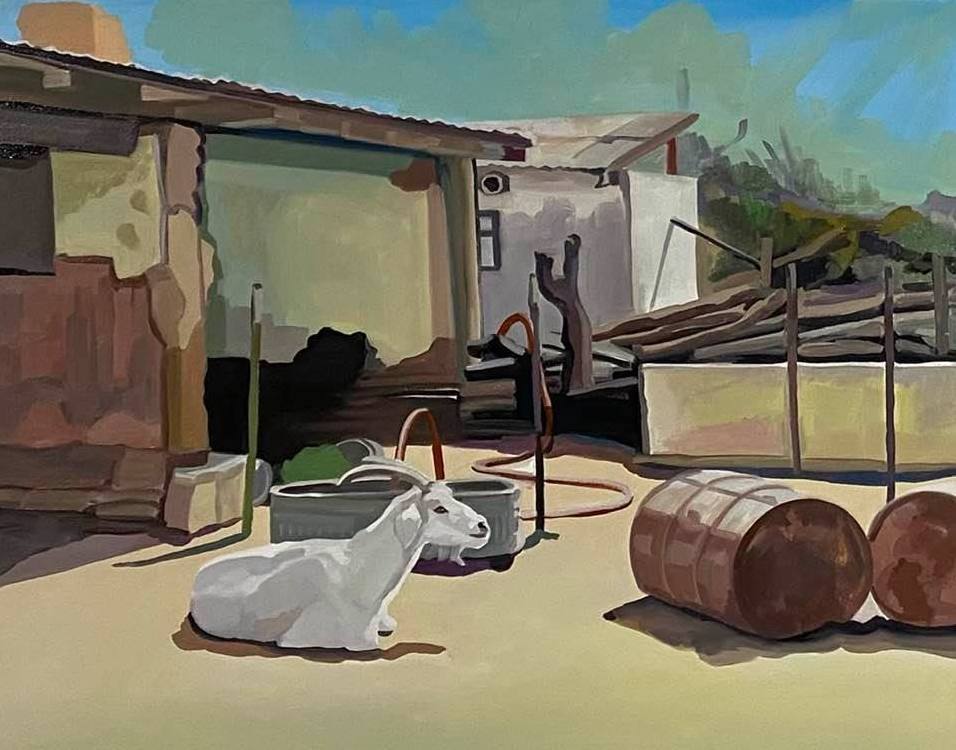 An oil painting by Arizona artist Sheila Miles called "The magical goat at the Triangle L". The painting shows a stable crated from tin and wood, with metal barrels on the right. A white goat rests on the ground in the foreground.