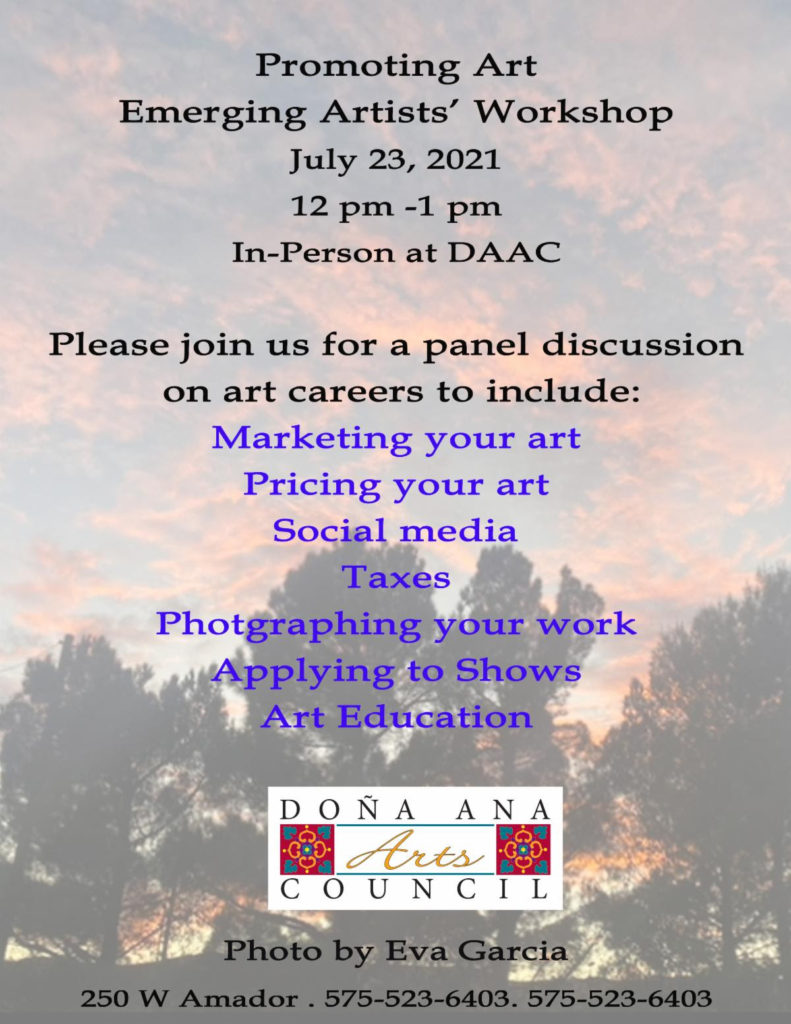 A poster advertising a 2021 Emerging Artists Workshop in Doña Ana County, NM.
