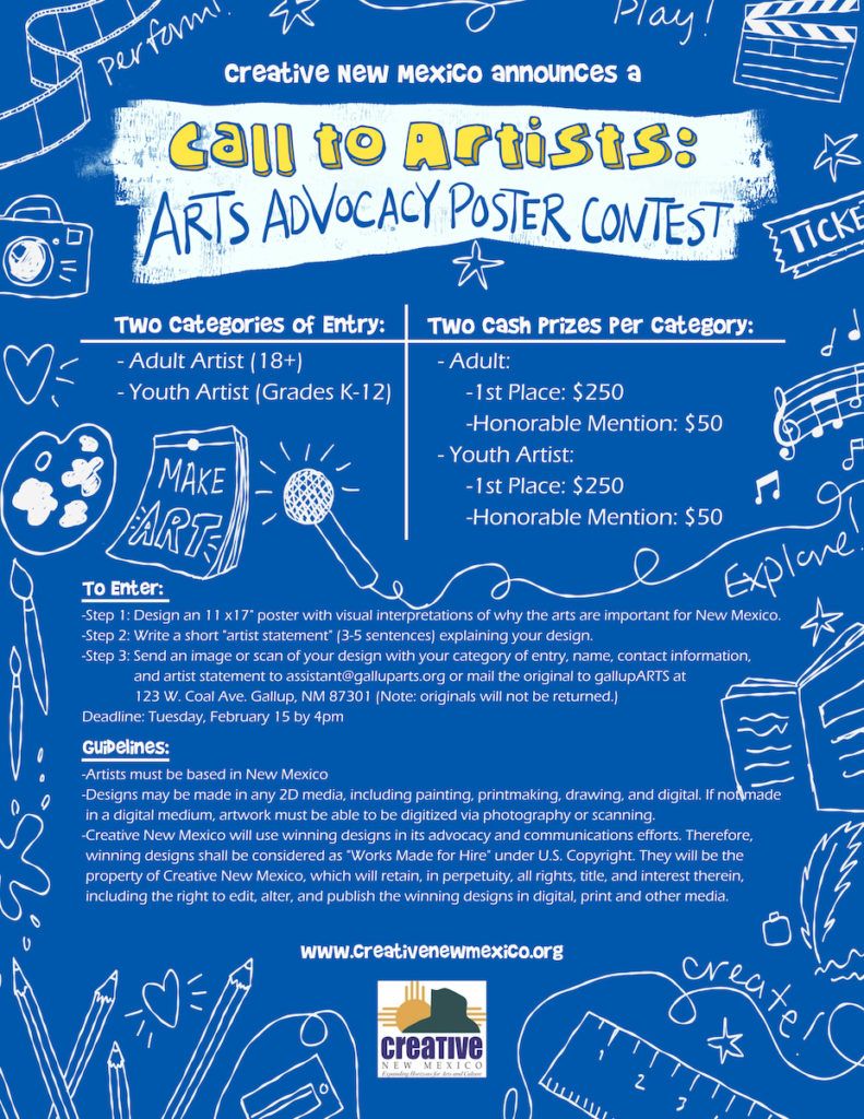 A poster calling for submissions to a May 2022 Arts Advocacy Poster Contest.