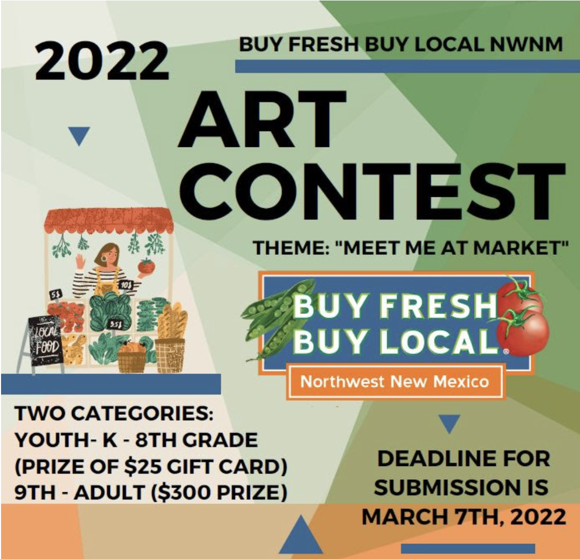 A poster advertising the March 2022 art contest encouraging people to buy fresh and local.