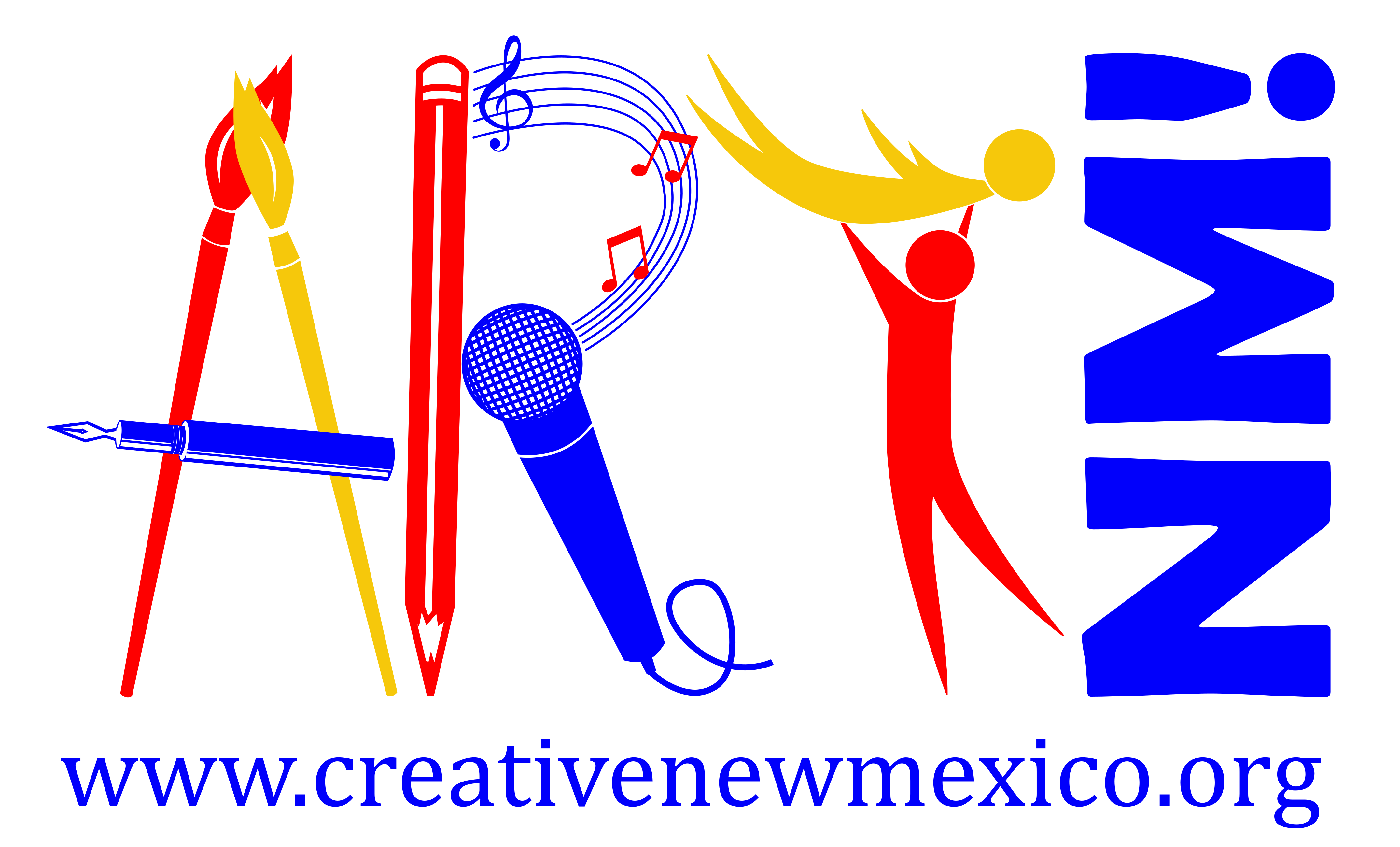 A logo for the Art NM event. The A, R, and T letters are created using artistic objects, like a microphone, paintbrushes, and dancing people.