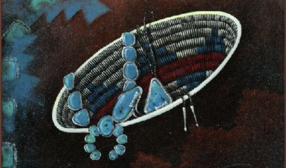 A detail of a painting, showing a native american basket and a necklace made of turquoise.