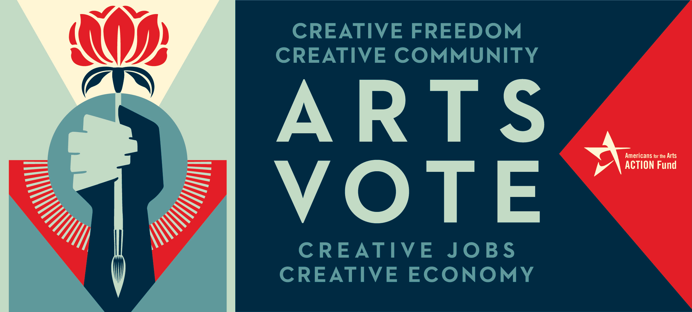 A blue and red banner advocating for the arts, with the words "creative freedom creative economy"