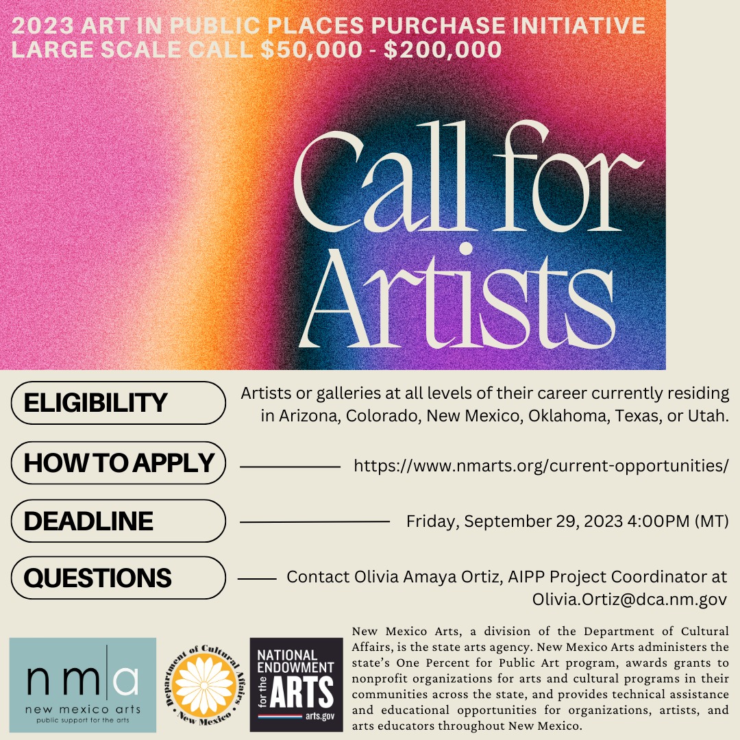 A poster advertising a call for artists for an "art in public places" initiative. More information can be found at nmarts.org